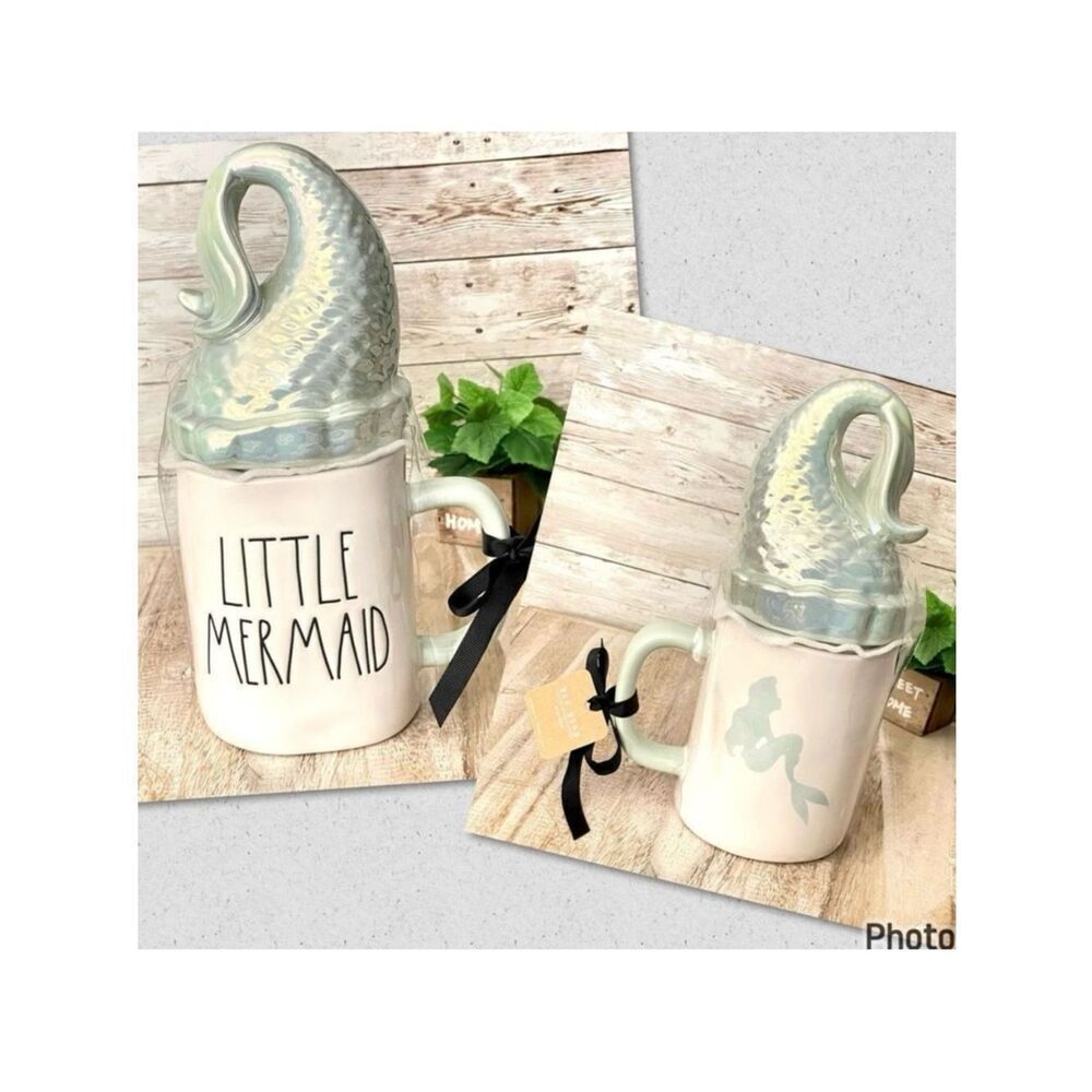 NWT Rae Dunn "LITTLE MERMAID” White Ceramic Mug & Green Iridescent Tail Lid
